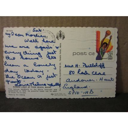 NUBBLE LIGHT YORK HARBOR, MAINE, used postcard 1984 olympic BASKETBALL stamp =