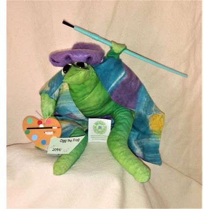 OGG THE FROG HANDCRAFTED BEAN STUFFED ARTIST FROG with BERET PALLET PAINTBRUSH