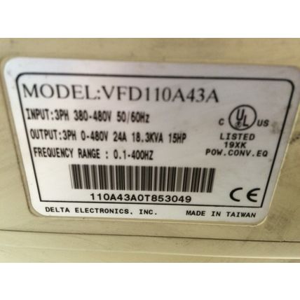 DELTA VFD110A43A DRIVE,3PH,3811083702,15 HP, 380-480V (NO FRONT COVER),TB