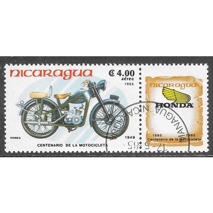 NICARAGUA 1985 MOTOR CYCLES 1949 HONDA BIKE & BADGE CREST TAB CANCELLED AIRMAIL