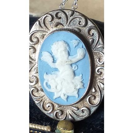 Antique Vintage 1920-s Sterling Silver Cameo Angel Pendant & 18 Inch Chain.