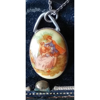 Antique Vintage Late Edwardian Sterling Silver Hand Painted Pendant on Chain.