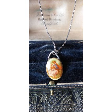 Antique Vintage Late Edwardian Sterling Silver Hand Painted Pendant on Chain.