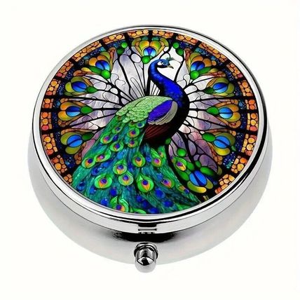 Peacock Themed Round Pill Box Metal 3 Compartment