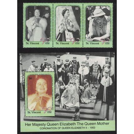 St. Vincent Queen Elizabeth the Queen Mother 3v+MS 1990 MNH SG#1536-MS1539