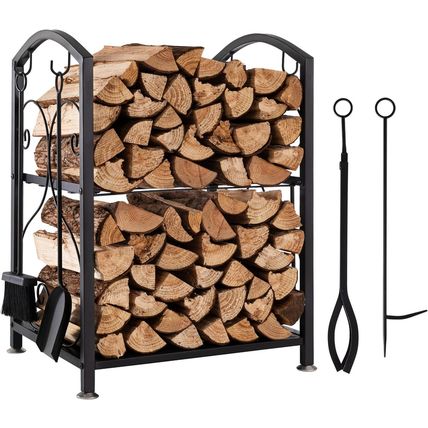 Sunolga Firewood Rack Indoor, 5-Piece Fireplace Tools Set 28 Inches Tall Firewoo