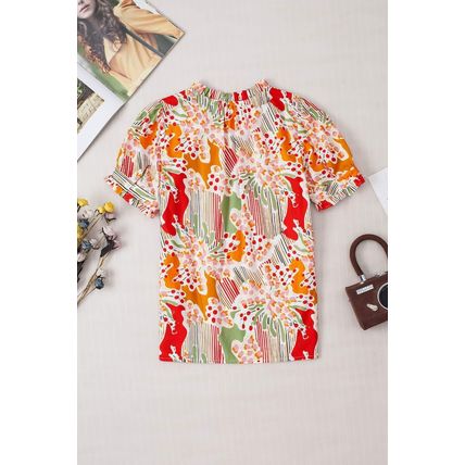 Pink Floral Print Button Frilled Short Sleeve Blouse