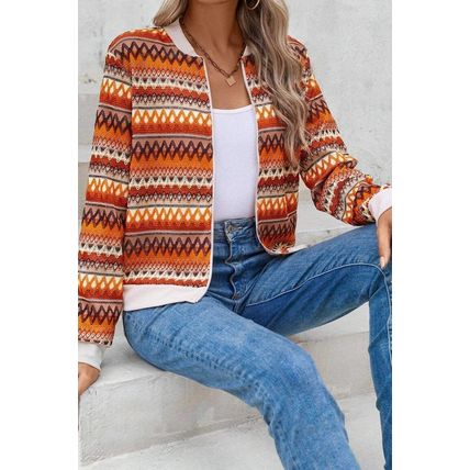 Orange Boho Striped Zip Up Long Sleeve Jacket