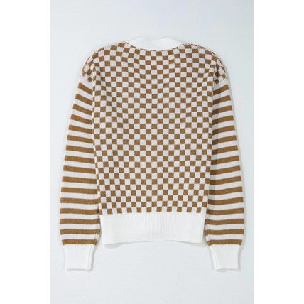 Brown Checkered Striped Patched Buttoned V Neck Cardigan