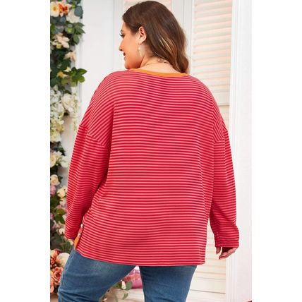 Orange Stripe Plus Size Drop Shoulder Long Sleeve Buttoned Decor Top