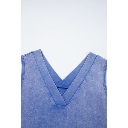Sky Blue Mineral Wash Pocketed Sleeveless V Neck Loose Romper