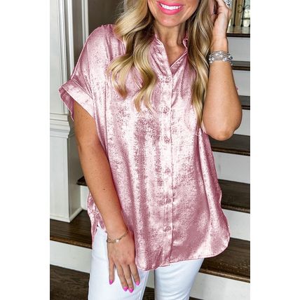 Pink Metallic Sheen Short Sleeve Buttoned Front Casual Shirt
