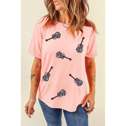 Pink Leopard Guitar Sequin Patch Crew Neck Tee