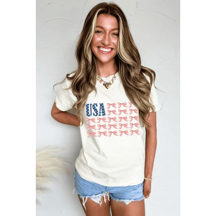 White USA Flag Bow Knot Print Round Neck T Shirt