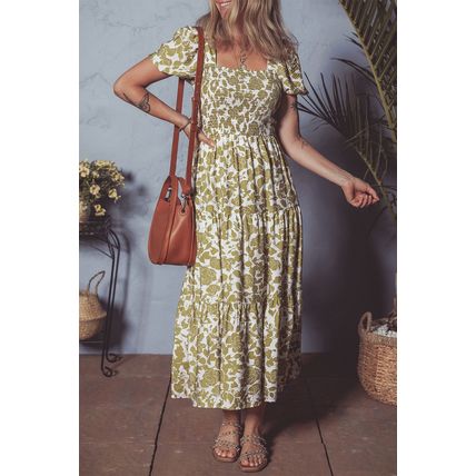 Yellow Boho Floral Square Neck Smocked Bust Puff Sleeve Tiered Long Dress