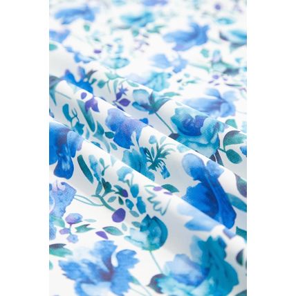 Sky Blue Floral Print Striped Patchwork Collared Short Sleeve Blouse