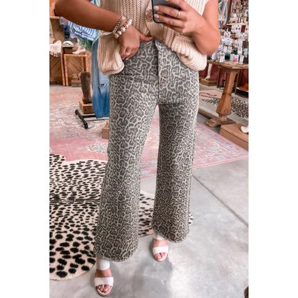 Brown Leopard Frayed Edge Wide Leg High Waist Jeans