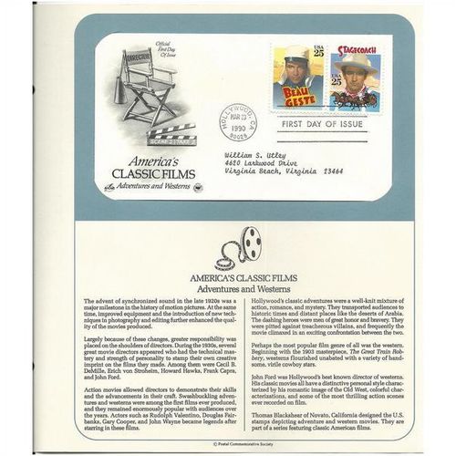 AMERICA'S CLASSIC FILMS : WESTERNS ' OFFICIAL FIRST DAY of ISSUE ' (1990)