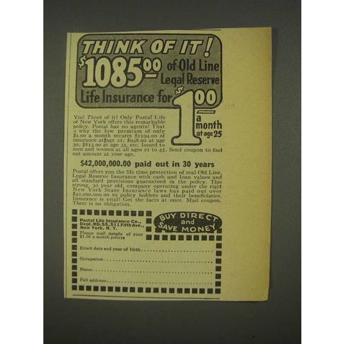 1936 Postal Life Insurance Company Ad - Think of It