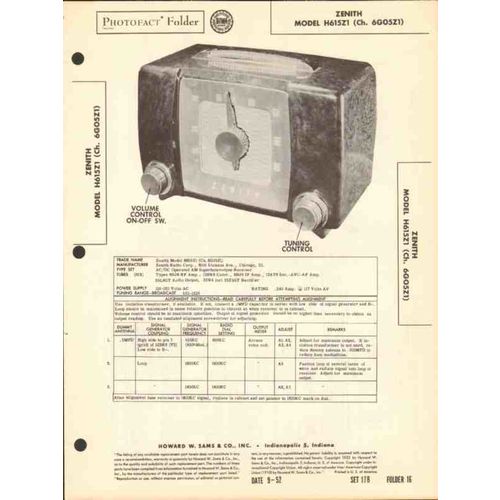 ZENITH model H615Z1 6 tube AM radio receiver Sams Photofact manual