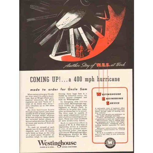 WESTINGHOUSE ELECTRIC MFG CO 1943 Coming up hurricane WW2 vintage ad