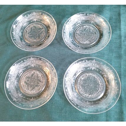 Macbeth Evans 1930's "S" Pattern Stippled Rose Band Clear Crystal Tea Set 10 Pc.