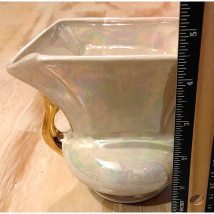 Vintage Pioneer Pottery Pearl Iridescent Vase 22k Gold Handles USA 4.5"