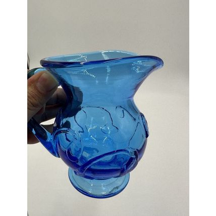 Electric Blue Pitcher Art Glass Hand Blown Floral Pressed Handled Decor Vintage