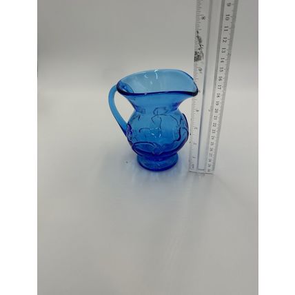 Electric Blue Pitcher Art Glass Hand Blown Floral Pressed Handled Decor Vintage