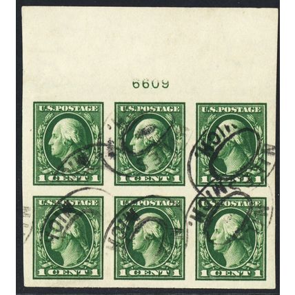 408, Used 1¢ Superb Top Plate Block of Six Stamps * Stuart Katz