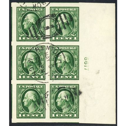 408, Used 1¢ XF Right Side Plate Block of Six Stamps * Stuart Katz