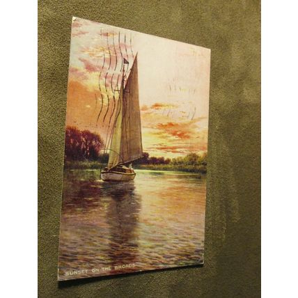 1940s Postcard - Sunset @ Norfolk Broads - Artist Brian Gerald / A212