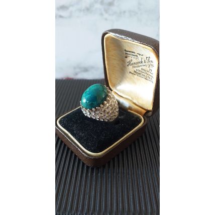 Antique Vintage Edwardian 925 Silver & Cabochon Turquoise Large Ring Size N 1/2