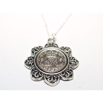 Floral Pendant 1943 Lucky sixpence 81st Birthday + 18 inch Sterling Silver Chain