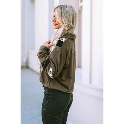 Green Leopard Contrast Splicing Quarter Zip Sweatshirt