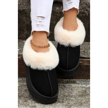 Black Plush Suede Trim Thick Sole Flat Snow Boots