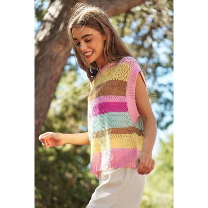 Pink Stripe Crochet Cap Sleeve Loose Fit Sweater T Shirt