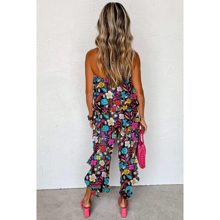 Red Mix Tropical Print Strapless Ruffled Jumpsuit