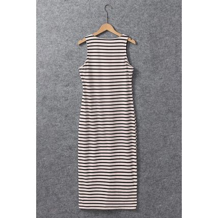 White Striped Print Sleeveless Buttoned Maxi Dress