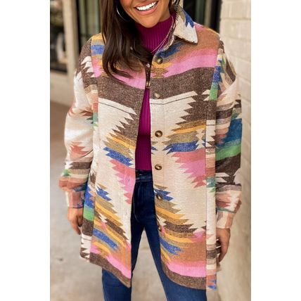 White Aztec Print Button Up Shacket