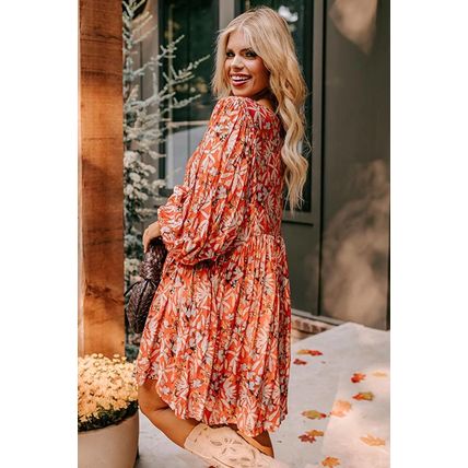 Orange Floral Print Split V Neck Bubble Sleeve Plus Size Midi Dress