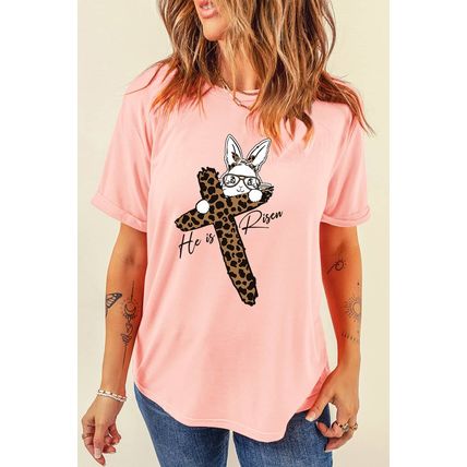 Pink He is Risen Easter Bunny Leopard Cross Graphic Tee