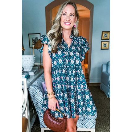 Blue Retro Floral Print Split Neck Ruffle Short Sleeve Dress