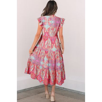 Rose Tribal Paisley Print Ruffled Sleeve Notch Neck Midi Dress