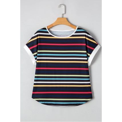 Black Stripe Multicolor Contrast Edge Crew Neck T Shirt