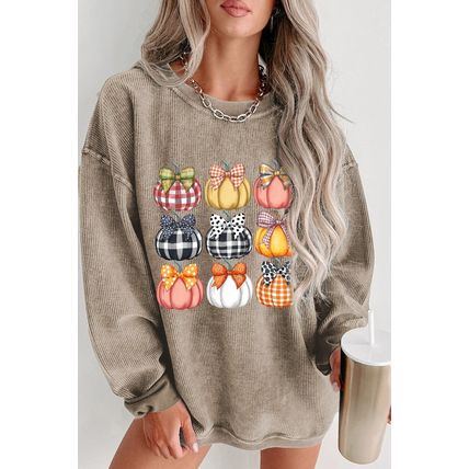 Khaki Trendy Textured Bow Pumpkin Graphic Baggy Sweatshirt