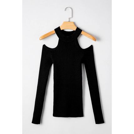 Black Ribbed Knit Cold Shoulder Choker Neck Sweater
