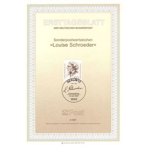 GERMANY DEUTSCHE BUNDESPOST BERLIN 1987 LOUISE SCHROEDER VFU ERSTTAGSBLATT ETB