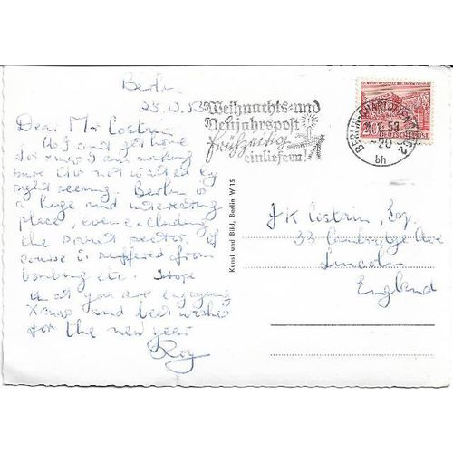 Berlin, Germany - Gedächtniskirche, church, night - RP postcard, stamp 1953 pmk