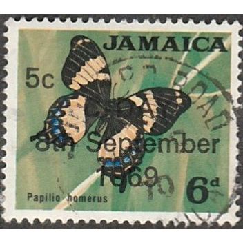 Jamaica. 6d Value. Overprint 5c C-Day 8 September 1969. Papilio HomerosFine Used